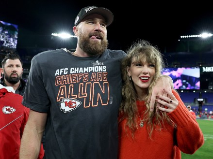 BALTIMORE, MARYLAND - JANUARY 28: Travis Kelce #87 of the Kansas City Chiefs celebrates with Taylor Swift after a 17-10 victory against the Baltimore Ravens in the AFC Championship Game at M&T Bank Stadium on January 28, 2024 in Baltimore, Maryland. (Photo by Patrick Smith/Getty Images)