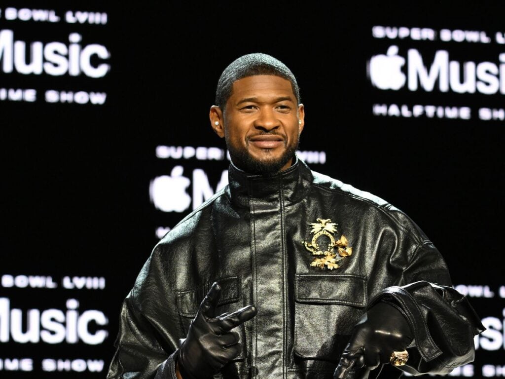 Usher poses during the Super Bowl LVIII Pregame & Apple Music Super Bowl LVIII Halftime Show press conference at the Mandalay Bay Convention Center on February 08, 2024 in Las Vegas, Nevada. 