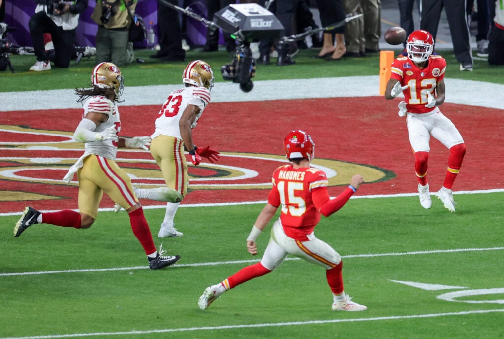 Athletes compete during the 2024 Super Bowl. One of them is named Patrick Mahomes.