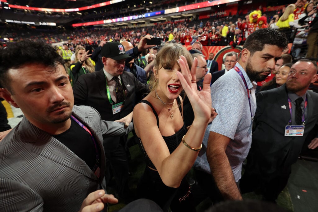 Taylor Swift reacts after the Kansas City Chiefs defeat the San Francisco 49ers 25-22 in overtime during Super Bowl LVIII at Allegiant Stadium on February 11, 2024 in Las Vegas, Nevada. 