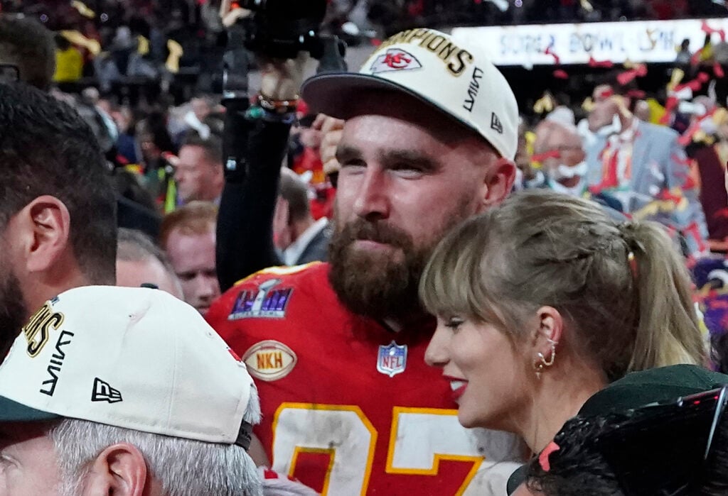 Kansas City Chiefs' tight end #87 Travis Kelce and US singer-songwriter Taylor Swift embrace as they celebrate the Chiefs winning Super Bowl LVIII against the San Francisco 49ers at Allegiant Stadium in Las Vegas, Nevada, February 11, 2024. 