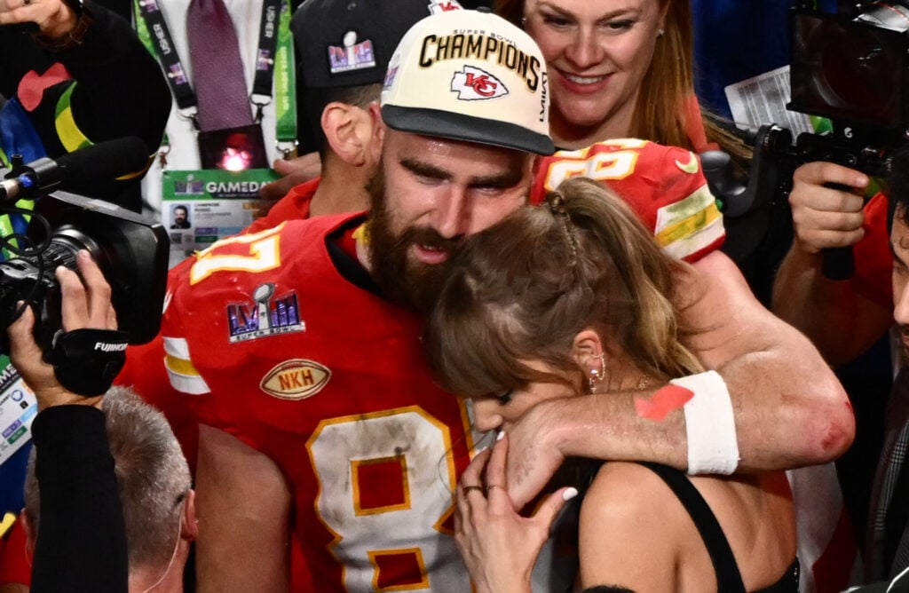 Taylor Swift and Kansas City Chiefs' tight end #87 Travis Kelce embrace after the Chiefs won Super Bowl LVIII against the San Francisco 49ers at Allegiant Stadium in Las Vegas, Nevada, February 11, 2024. 