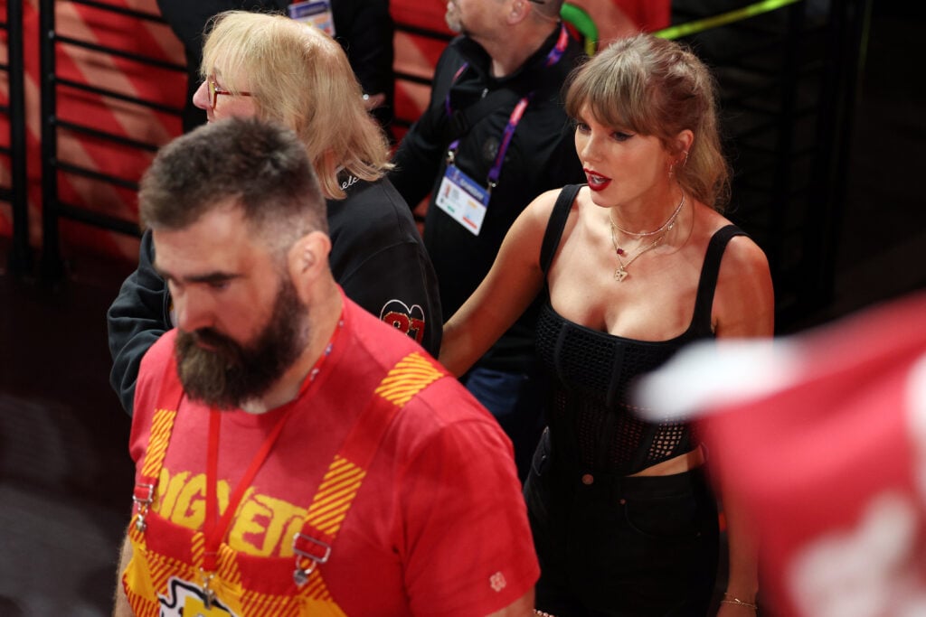 Jason Kelce, Donna Kelce, and Taylor Swift at the Super Bowl 2024.