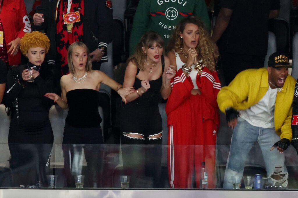 Ice Spice, Ashley Avignone, Taylor Swift, and Blake Lively watch the 2024 Super Bowl.