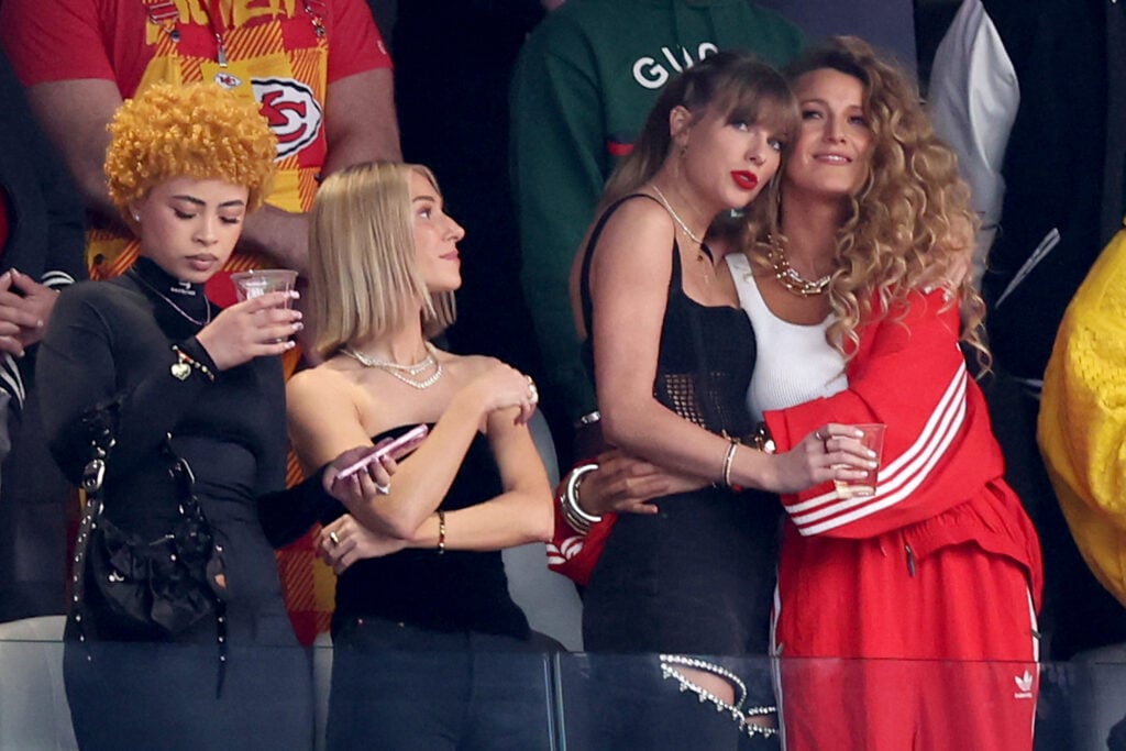 Taylor Swift, Ice Spice, and Blake Lively ahead of the 2024 Super Bowl.