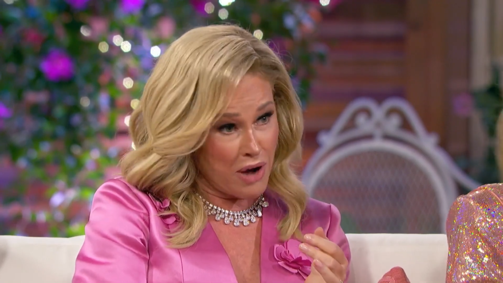 Kathy Hilton wears pink at the RHOBH Reunion special in 2022.