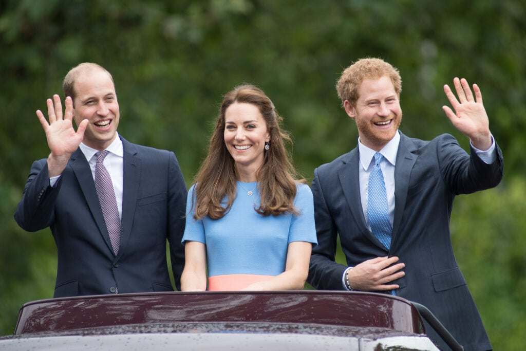 Prince William, Duke of Cambridge, Catherine, Duchess of Cambridge and Prince Harry during "The Patron's Lunch" celebrations for The Queen's 90th birthday at The Mall on June 12, 2016 in London, England.  