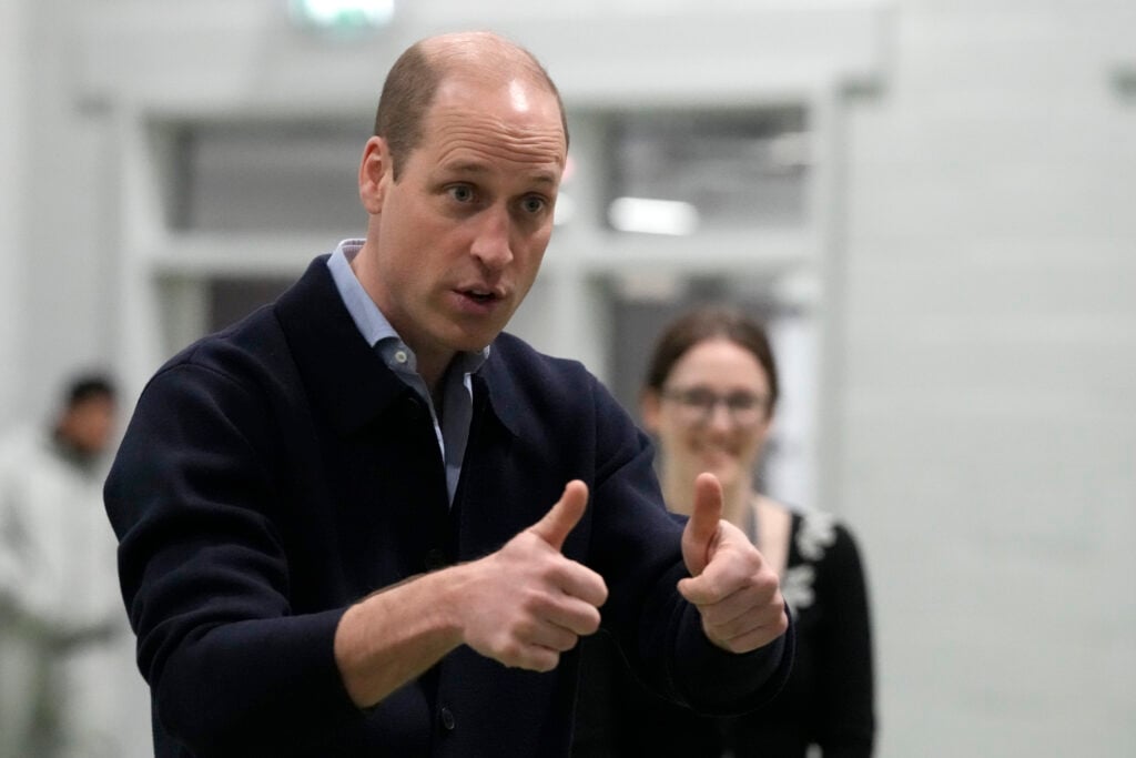 Prince William, Prince Of Wales gestures as he speaks to young people during his visit to WEST, a new OnSide Youth Zone WEST on March 14, 2024 in London, England.