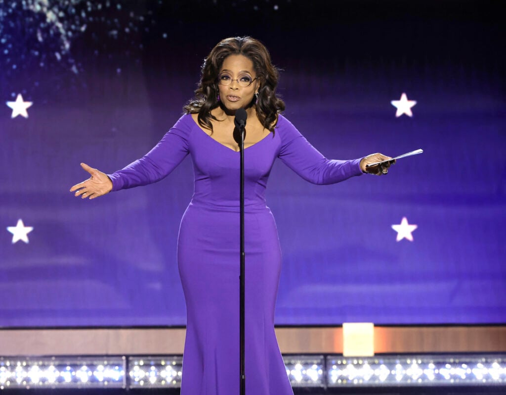 Oprah Winfrey in a purple gown in January of 2024.