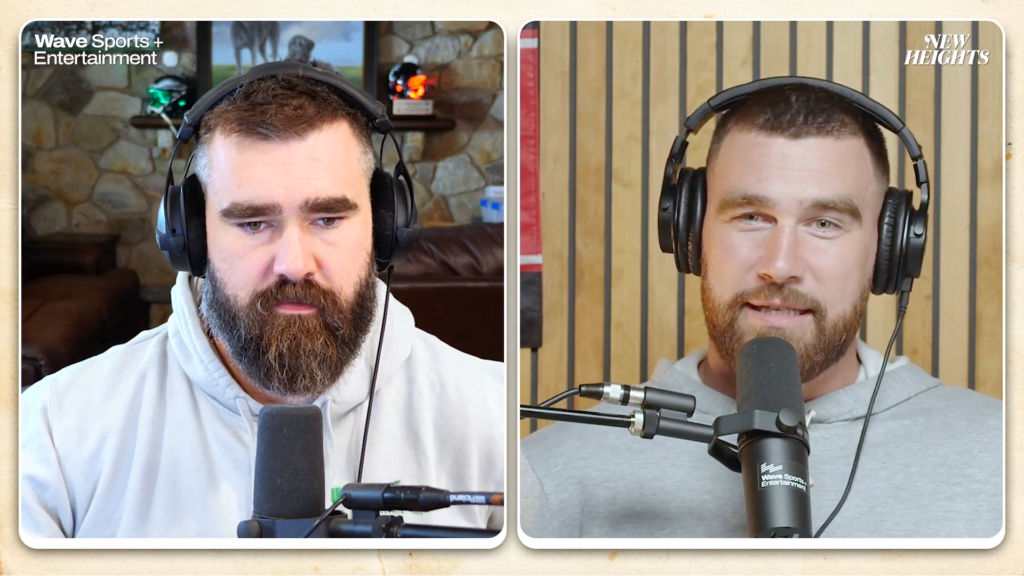 Jason Kelce and Travis Kelce on their New Heights Podcast in 2024.