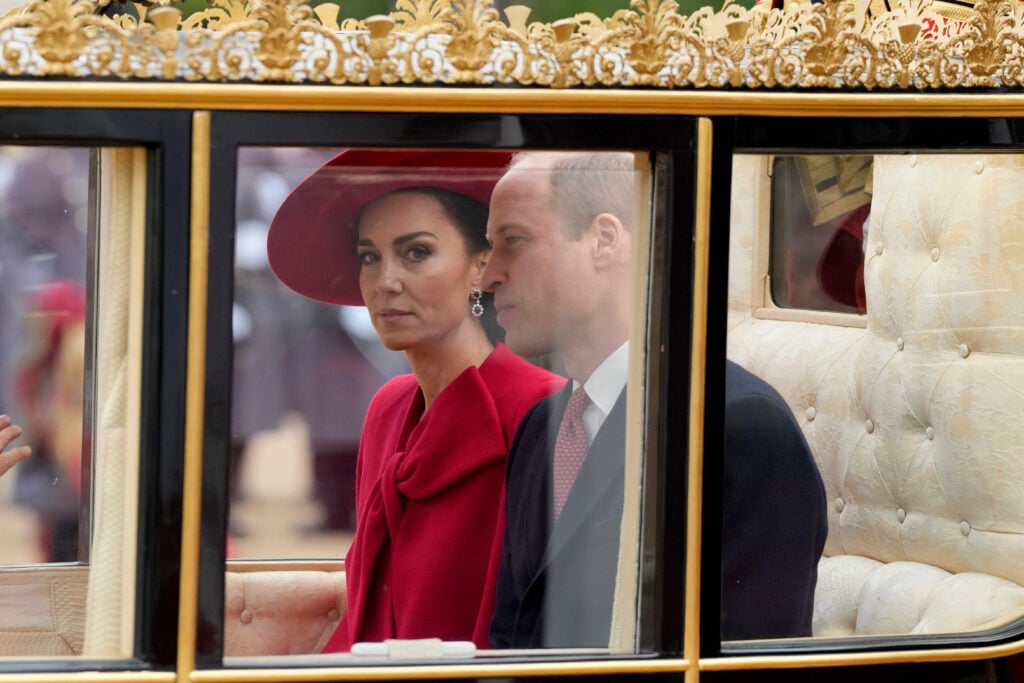 Catherine, Princess of Wales and Prince William, Prince of Wales depart from Horse Guards Parade after the Ceremonial Welcome for Buckingham Palace by carriage on November 21, 2023 in London, England.