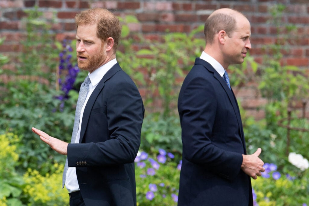 Prince Harry, Duke of Sussex and Britain's Prince William, Duke of Cambridge attend the unveiling of a statue of their mother, Princess Diana at The Sunken Garden in Kensington Palace, London on July 1, 2021, which would have been her 60th birthday. 