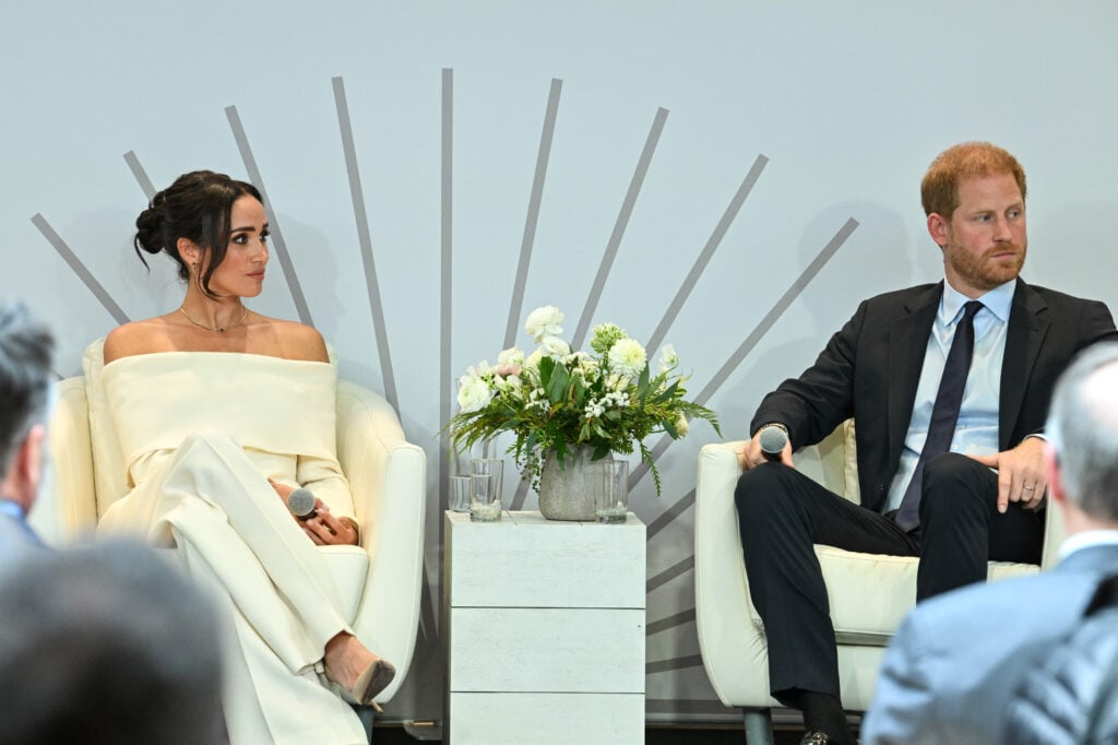 Meghan, Duchess of Sussex and Prince Harry, Duke of Sussex speak onstage at The Archewell Foundation Parentsâ Summit: Mental Wellness in the Digital Age during Project Healthy Minds' World Mental Health Day Festival 2023 at Hudson Yards on October 10, 2023 in New York City. 