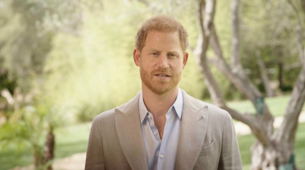 Prince Harry, Duke of Sussex appears at the Sport Gives Back Awards 2024 via a pre-recorded video at Cadogan Hall on February 28, 2024 in London, England. The Sport Gives Back Awards will be broadcast on ITV on Sunday, March 24th.