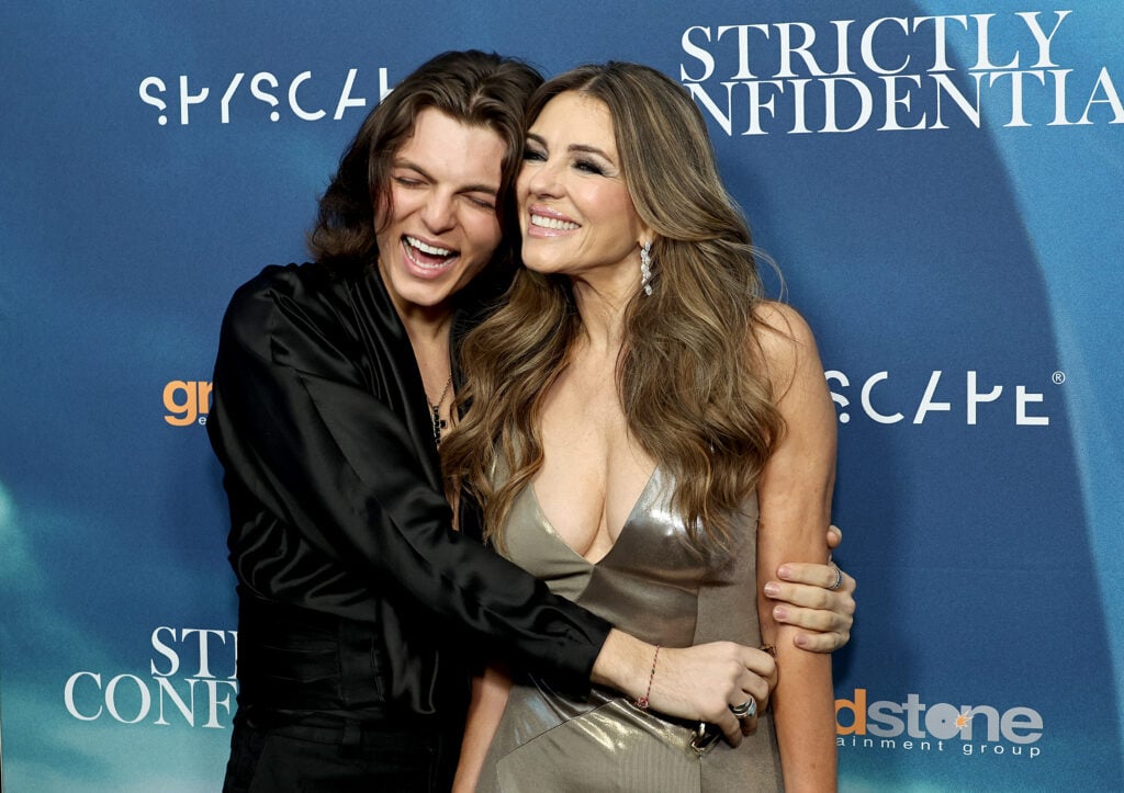 Damian Hurley poses while hugging his mother, Elizabeth Hurley, on April 3, 2024.