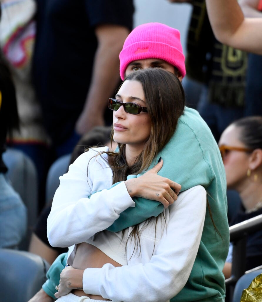 Hailey Bieber and Justin Bieber at a sports event in November of 2022.