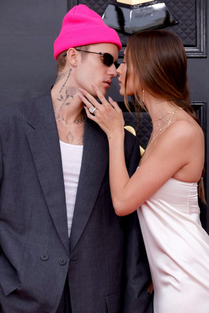 Justin Bieber and Hailey Bieber attend the 64th Annual GRAMMY Awards at MGM Grand Garden Arena on April 03, 2022 in Las Vegas, Nevada. 