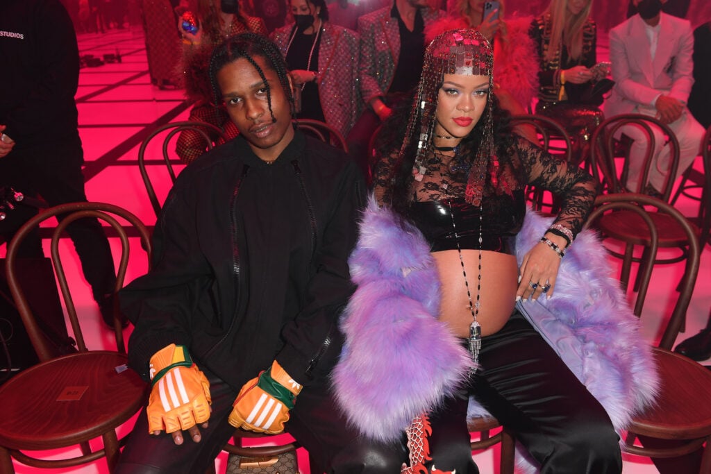 Asap Rocky and Rihanna are seen at the Gucci show during Milan Fashion Week Fall/Winter 2022/23 on February 25, 2022 in Milan, Italy. 