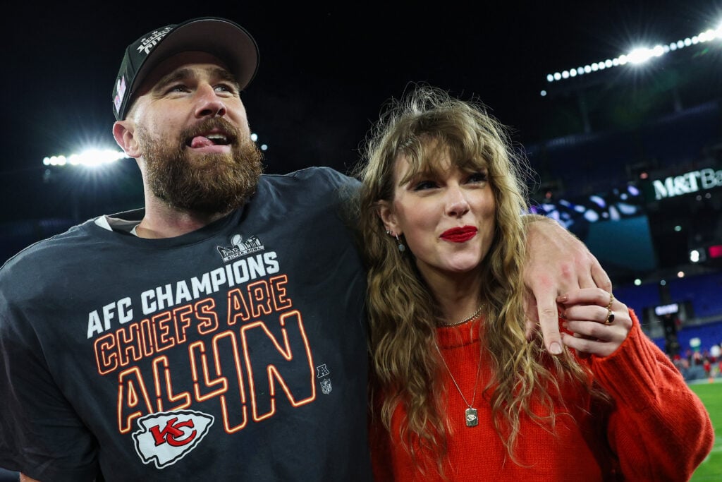 Travis Kelce #87 of the Kansas City Chiefs celebrates with Taylor Swift after defeating the Baltimore Ravens in the AFC Championship Game at M&T Bank Stadium on January 28, 2024 in Baltimore, Maryland. 