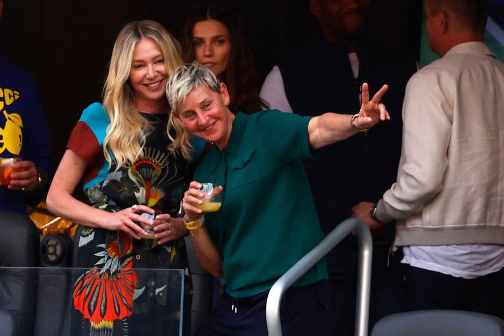 Portia de Rossi and Ellen DeGeneres attend Super Bowl LVI between the Los Angeles Rams and the Cincinnati Bengals at SoFi Stadium on February 13, 2022 in Inglewood, California.