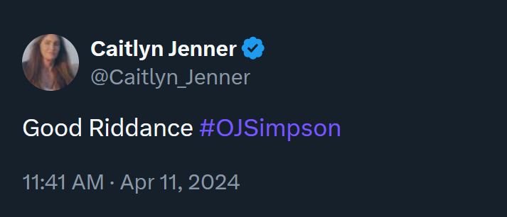 A dark mode screenshot of Caitlyn Jenner's tweet saying "good riddance."