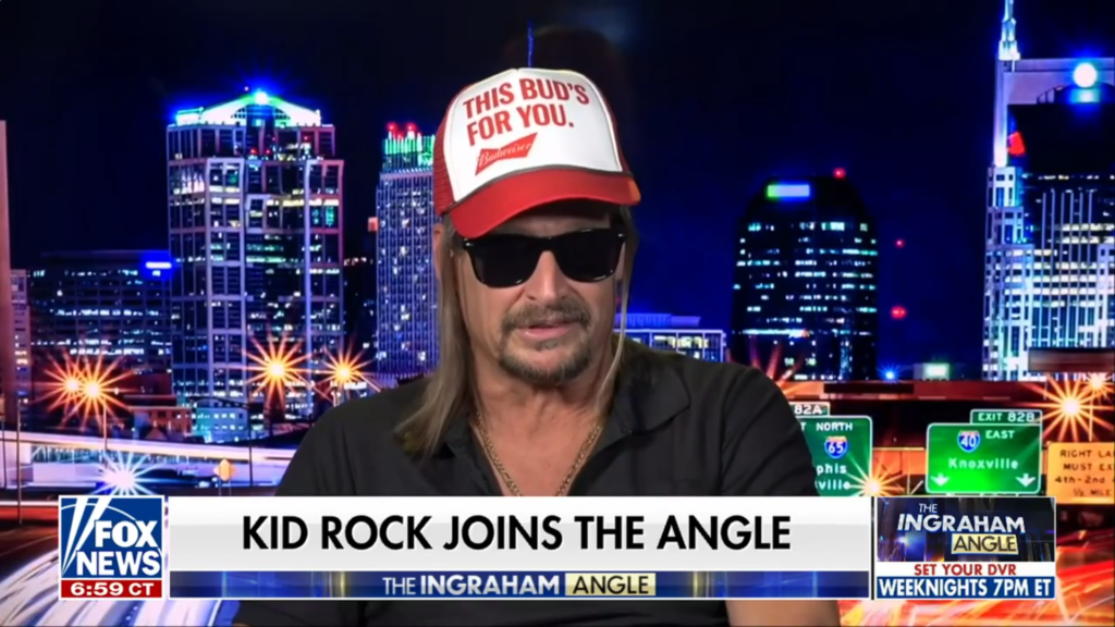 Kid Rock on The Ingraham Angle wearing a Budweiser hat in March 2024.