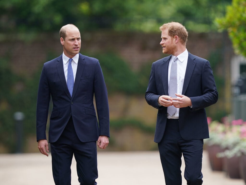 Prince William, Duke of Cambridge and Prince Harry, Duke of Sussex arrive for the unveiling of a statue they commissioned of their mother Diana, Princess of Wales, in the Sunken Garden at Kensington Palace, on what would have been her 60th birthday on July 1, 2021 in London, England. 