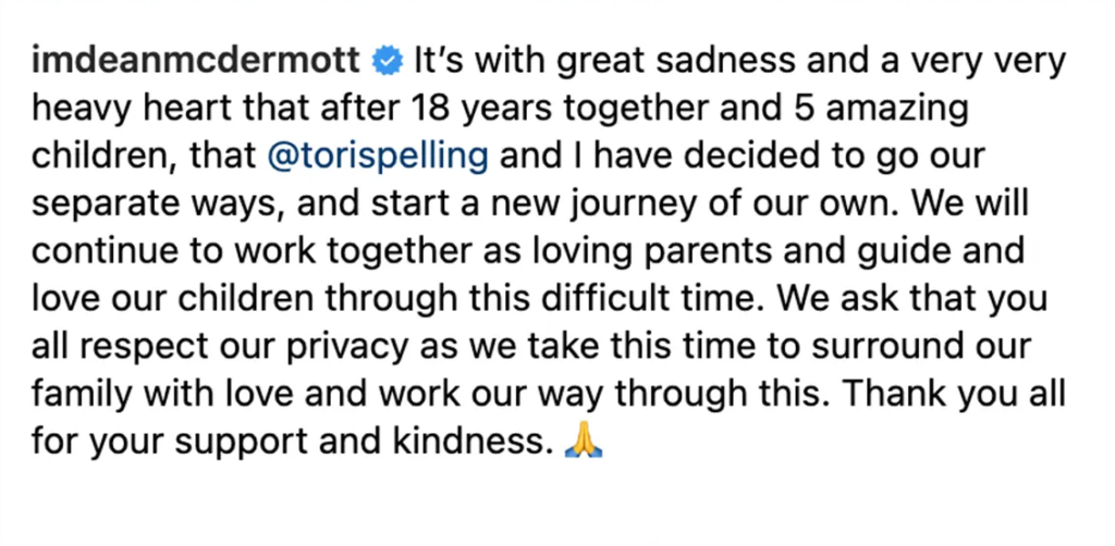 A jarring light mode screenshot of Dean McDermott's Instagram caption announcing the end of his marriage.