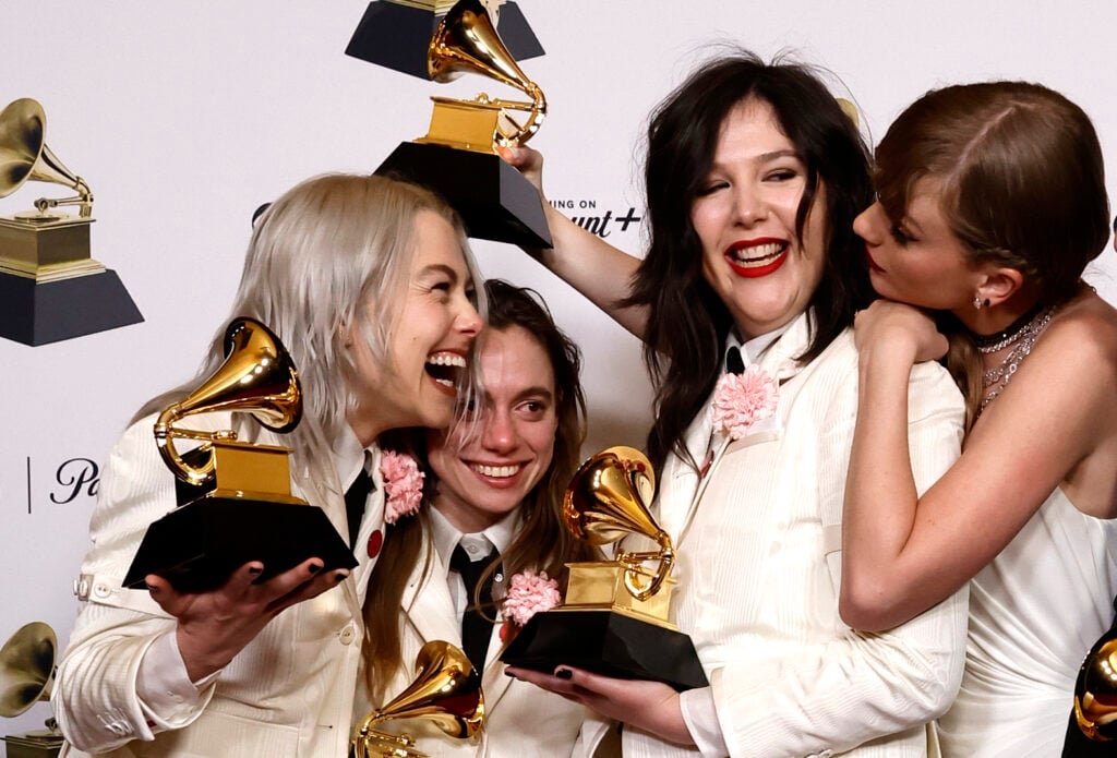 Phoebe Bridgers, Julien Baker, Lucy Dacus, and Taylor Swift on February 4, 2024 celebrating Grammy Awards wins.