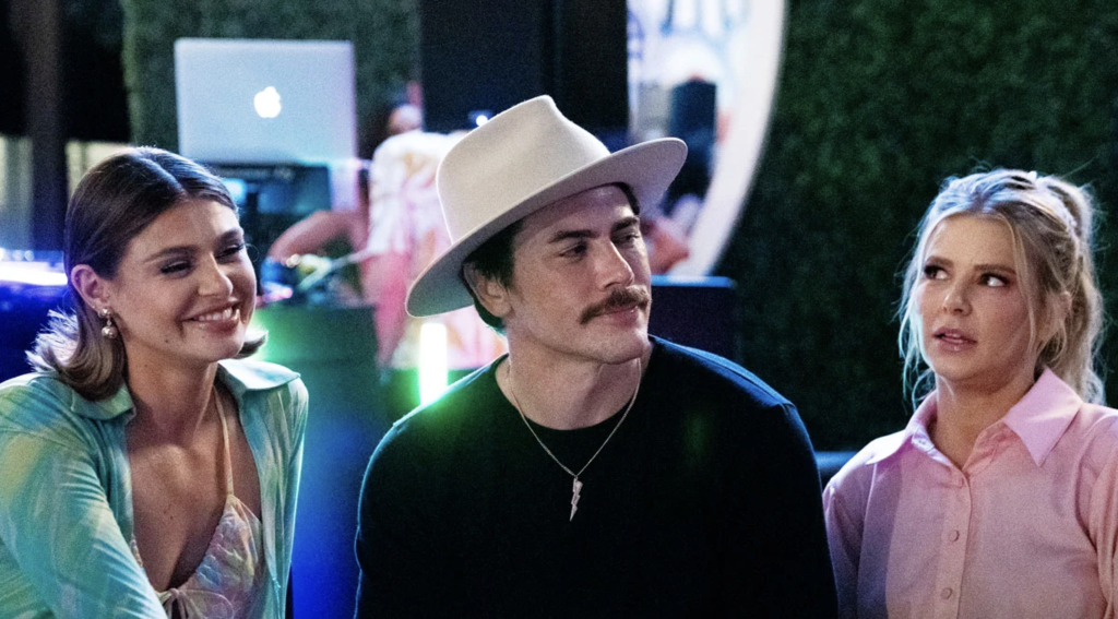 Raquel Leviss, Tom Sandoval, and Ariana Madix in a scene from Vanderpump Rules.